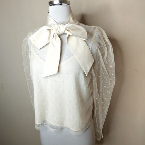 Express Tie Neck Blouse Polka Dot Sheer Mesh Ivory Off White - Picture 3 of 11
